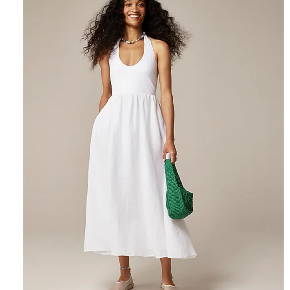J.CREW Halter Mixy Cotton Linen Dress Large White Coastal Minimalist Resort NWT